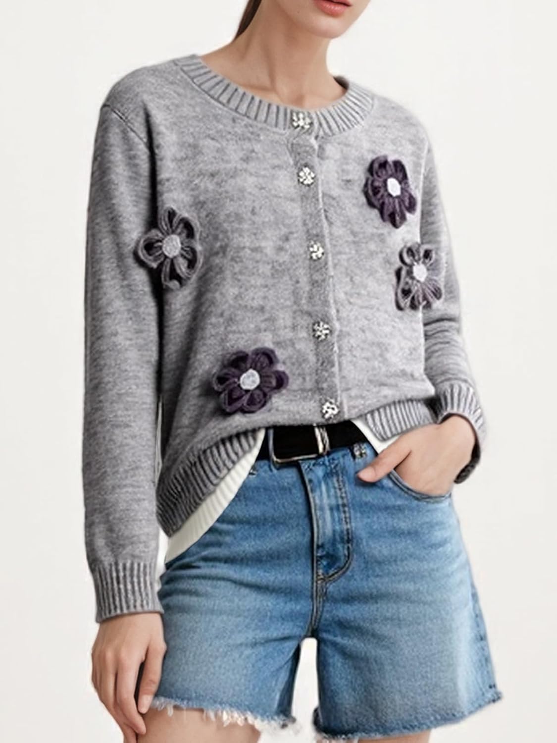 HOULENGS Women's Cute Long Sleeve Flower Print Cardigan Sweater Casual Round Neck Button Down Knit Sweater Outerwear - Image 7