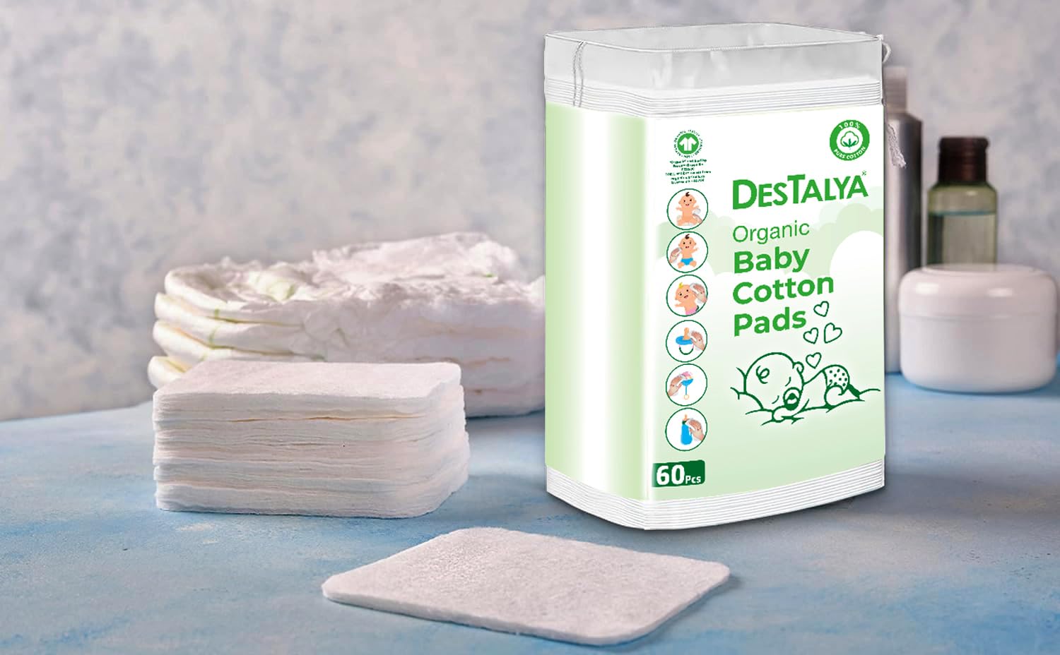 DESTALYA Lingettes Jetables Coton Bébé Peaux Sensibles Cotons Bio 360