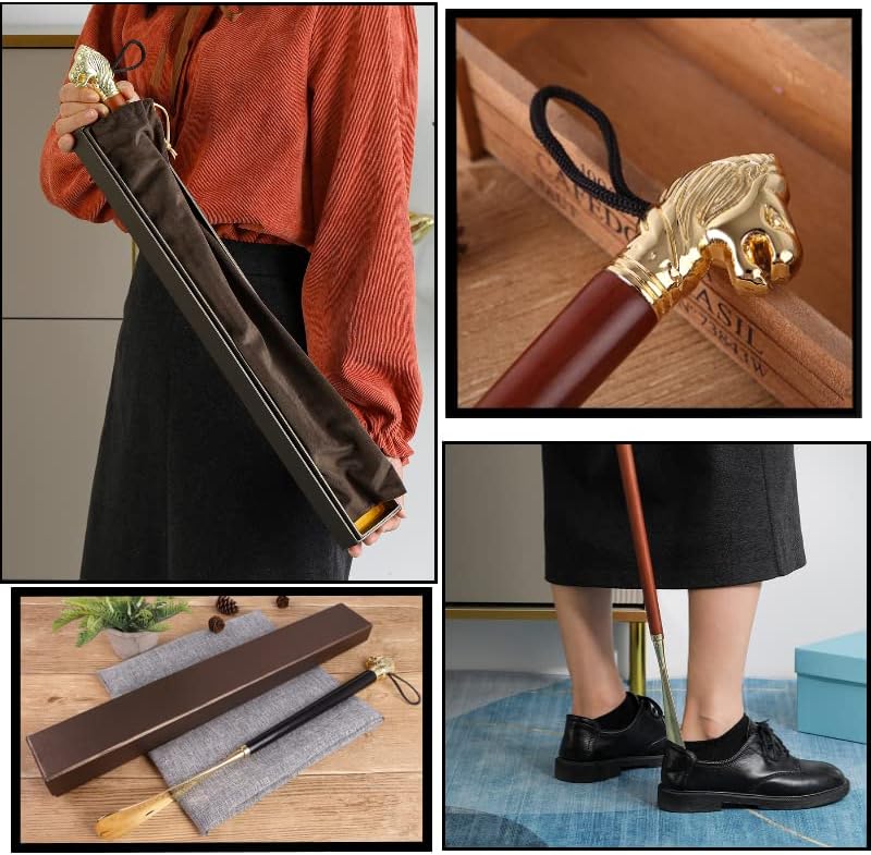 Miniatura 5 de DRXRD Cuerno de zapato de 19.29 pulgadas12.59 pulgadas, cabeza de león, mango largo, mango de madera, cuerno de zapato de metal, cuerno de zapato