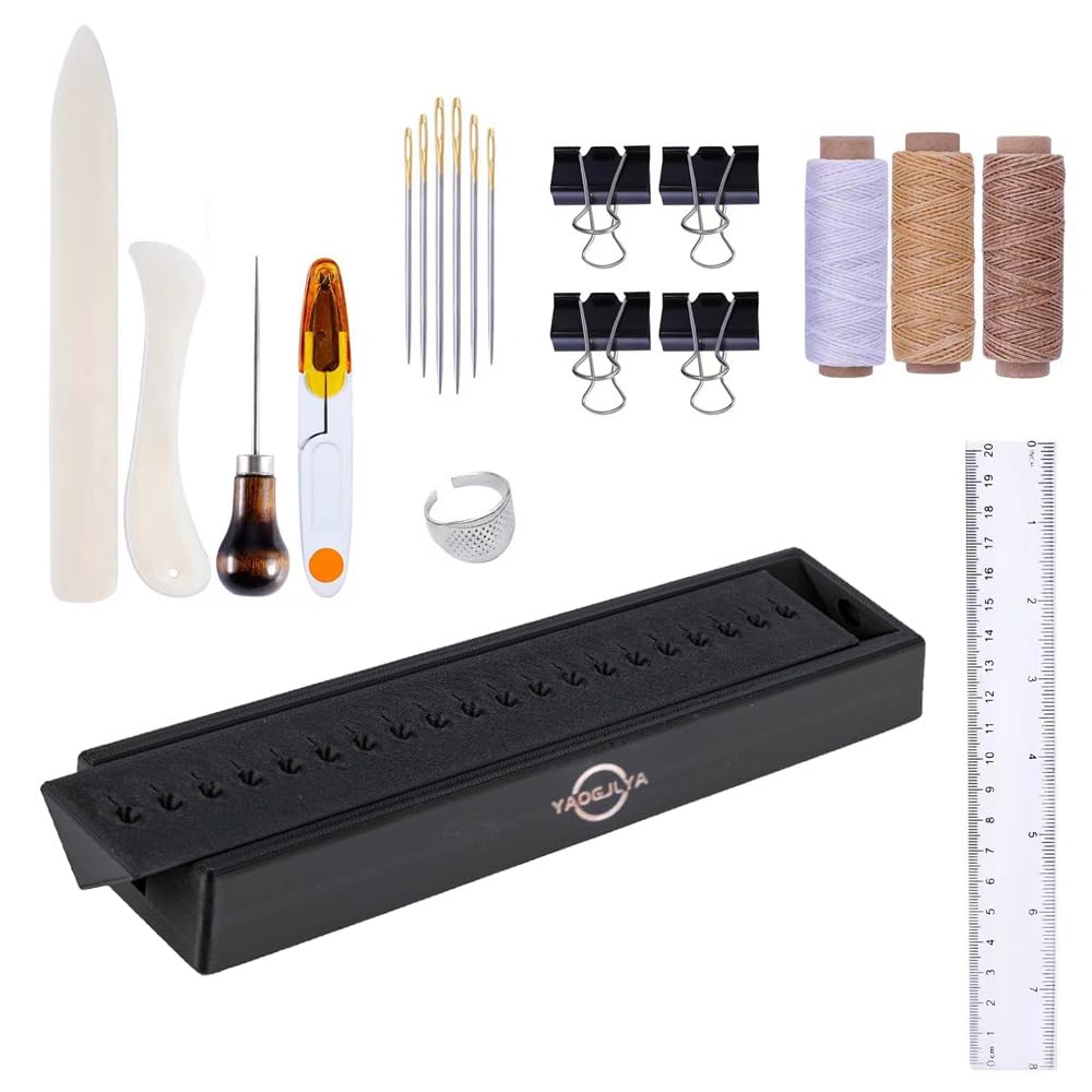Yaogjlya 11.8 Inch Signature Punching Tools for Book Binding Kits - Bookbinding Kit with Waxed Thread, Needle,Binder Paper Clips, Awl and Cradle - for