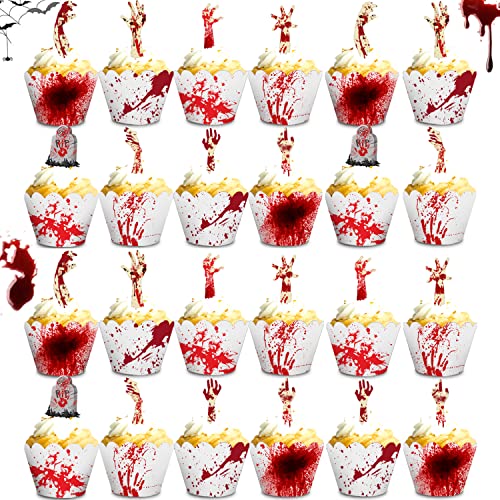 Yueser Magdalenas Decoración Halloween,Cupcake Topper Wrappers Halloween Envoltorios Magdalenas Decoración Tartas Pasteles Wrappers Cupcake Wraps Liner Fiesta ​Terror Sangriento Cup Topper 24 Pares