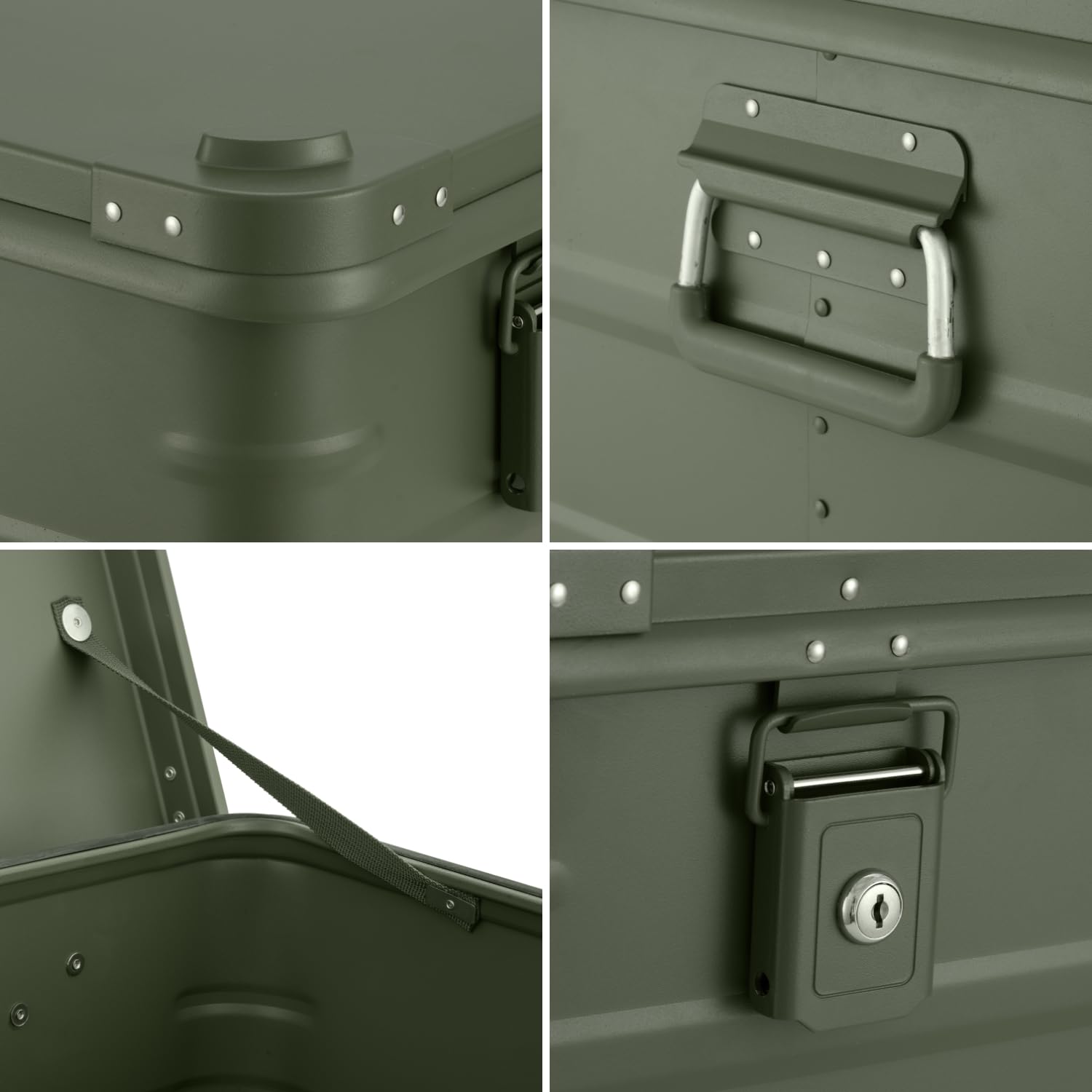 Alubox Alukiste abschließbar E31G OLIVGRÜN - Premium Lagerbox 31 Liter - Materialstärke 1mm - Deckel mit Aluminium Druckguss Stapelecken und Gummidichtung - inklusive Schlösser - lackiert