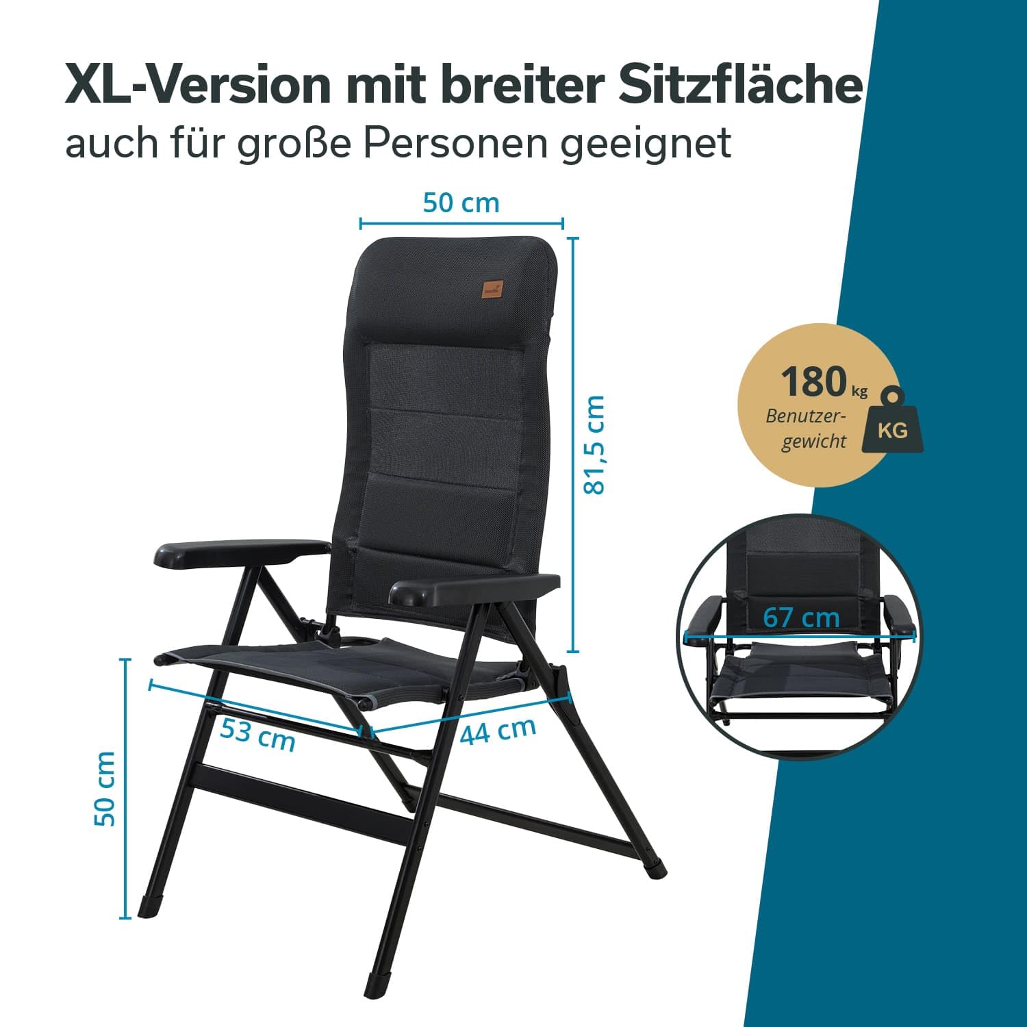skandika Lepola L/XL/Taburete | Silla Plegable de Aluminio, Respaldo Alto y Regulable en 7 Posiciones, Acolchada, Plegable, reposacabezas (1XL)