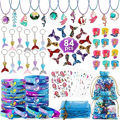 Vamei 84pcs Mermaid Party Bags Fillers with Mermaid Bracelets Necklaces Rings Keychains Hair Clips Temporary Tattoos Mermaid Birthday Party Favours Mermaid Party Supplies for Kids Girls