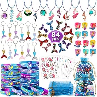 Vamei 84pcs Mermaid Party Bags Fillers with Mermaid Bracelets Necklaces Rings Keychains Hair Clips Temporary Tattoos Mermaid Birthday Party Favours Mermaid Party Supplies for Kids Girls