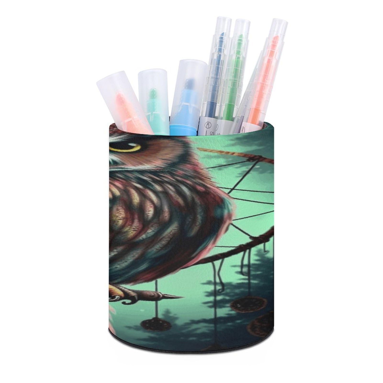 Owl Pen Holder Multi-Functional Round Pencil Holder Cute Office Decoration Pen Cups Simple Design PU Leather Paintbrush Cups for Home Office Desk