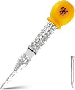MulWark 5" Spring-Loaded Automatic Steel Center Hole Punch Marker Scriber for Wood, Metal, Plastic, Car Window Puncher Breaker Tool-with Palm Cushion Cap, Adjustable Impact-A Replacement Tip Included
