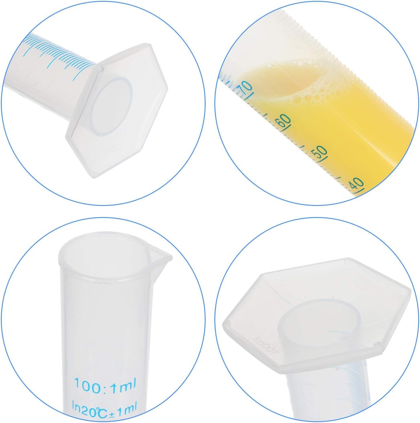 Juego de 4 cilindros medidores de plástico 10/25/50/100 ml para laboratorio y cocina