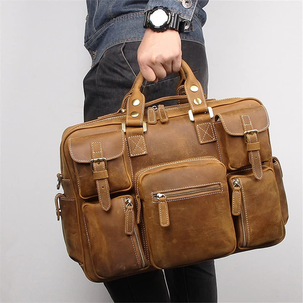 WYFDP Men's Leather Briefcase 16" Real Leather Business Bag Laptop Shoulder Bag Multifunctional Travel Duffel Tote