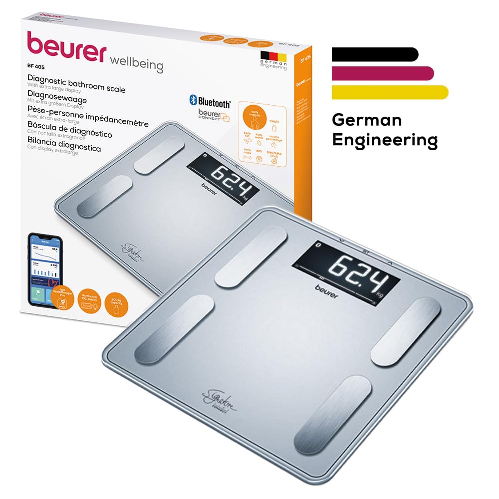Beurer BF 405 Diagnosewaage, präzise Körperanalyse für bis zu 8 Personen, Messung von Körperfett, mit beleuchtetem XL- Display, Tragkraft bis 200 kg, inklusive App-Anbindung