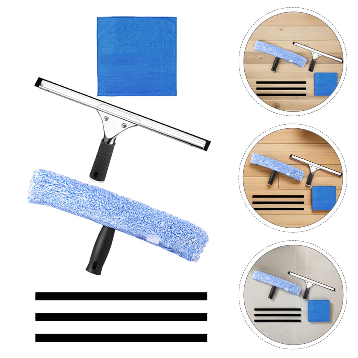 Kit Limpiador de Ventanas Multiuso Escobilla de Goma Negra, Soporte T Negro Cabezal de Microfibra Estrellado, Paño Azul 30x30 Cm y 3 Tiras de Goma 35 Cm para Hogar, Baño y Coche