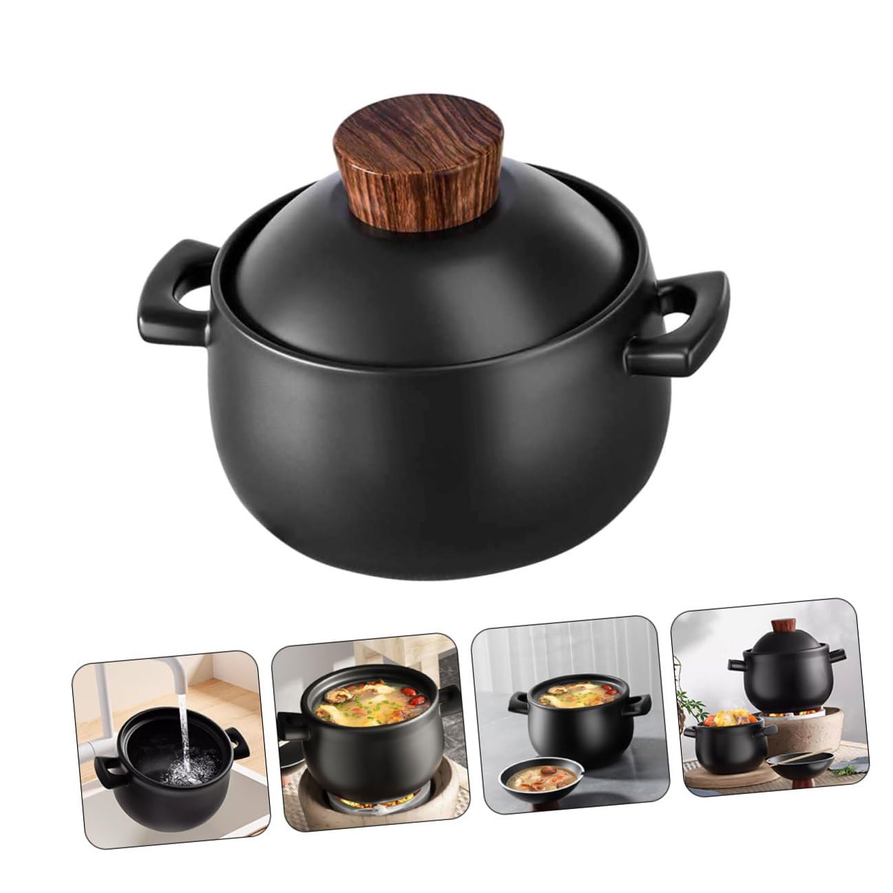 Casseruola e Non Facile da Rompere da 2,5l in Ceramica per Uso Domestico con Manico Spesso in Legno, Resistente al Calore per Stufati e Zuppe su Fornello a Gas