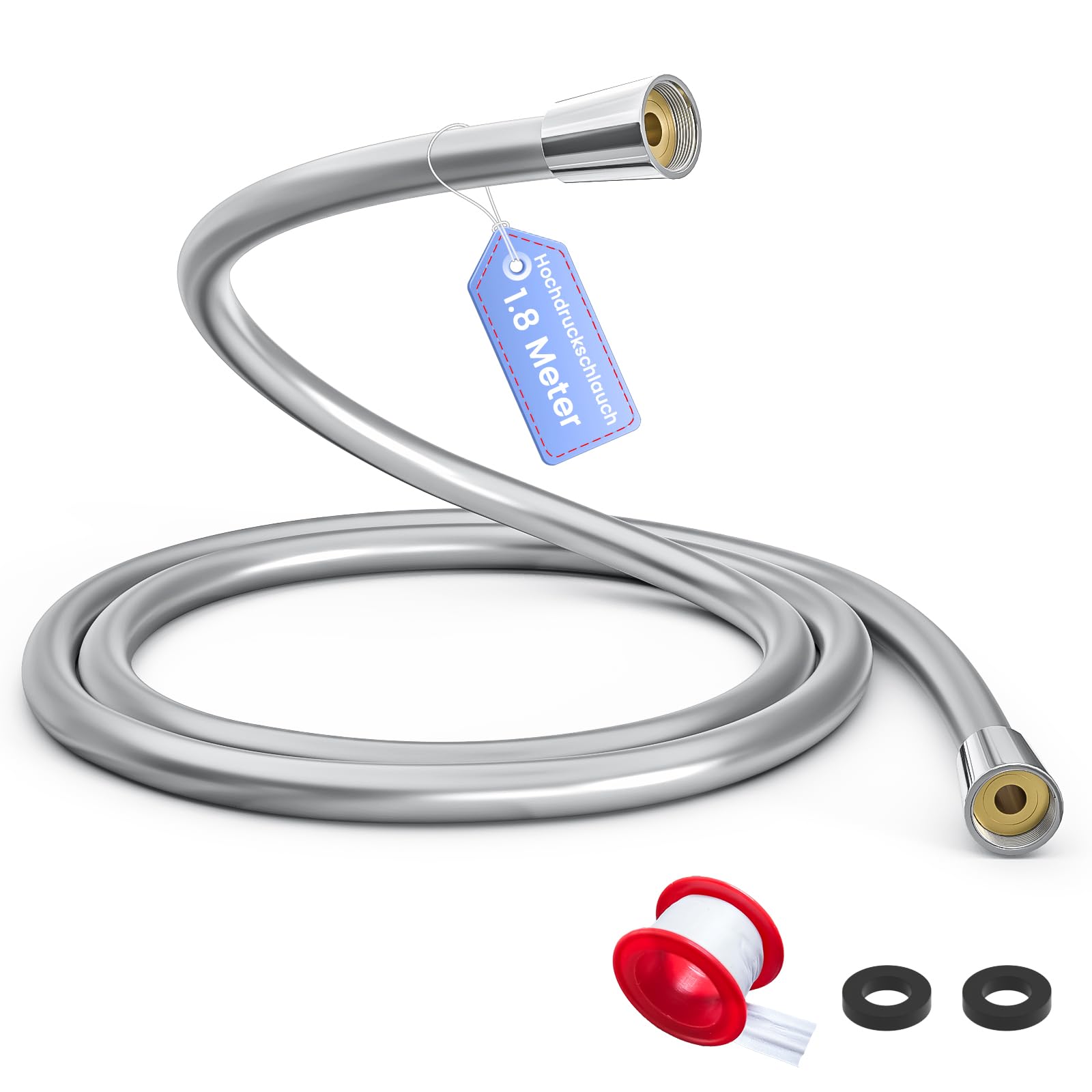 PWERAN Smooth Shower Hose 1.8m, PVC Shower Pipe Hose with Brass Connectors and Washers, Anti-Explosion, Anti-Twist, Leakproof Universal Standard G1/2" for Bath Taps Replacement