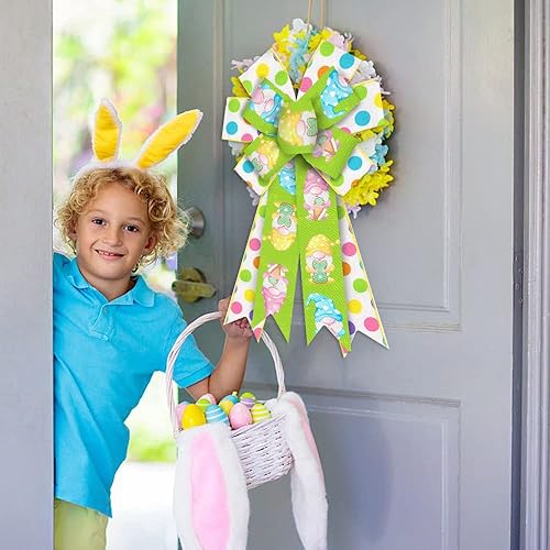 Miniatura 6 de Arcos grandes de Pascua para corona, lazos de corona de Pascua, lazos de arpillera verde y blanco, huevos, lunares, conejos, gnomos, arcos para