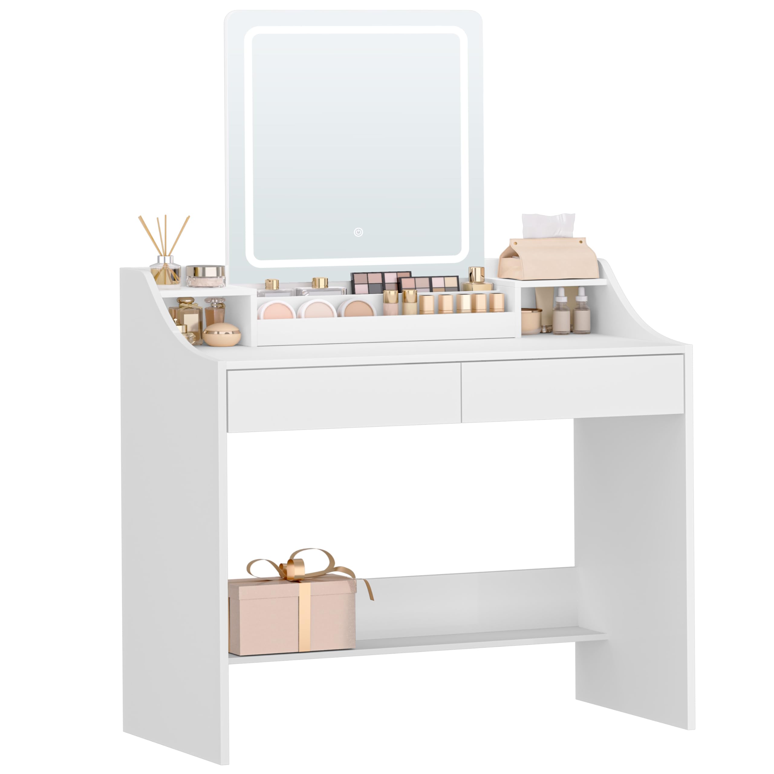 Hzuaneri Dressing Table with LED Lights, Adjustable Brightness and Color, Vanity Table with Mirror, Vanity Desk with 2 Drawers and 2 Open Compartments, Modern, 90 cm Desktop, White DT43603XUK