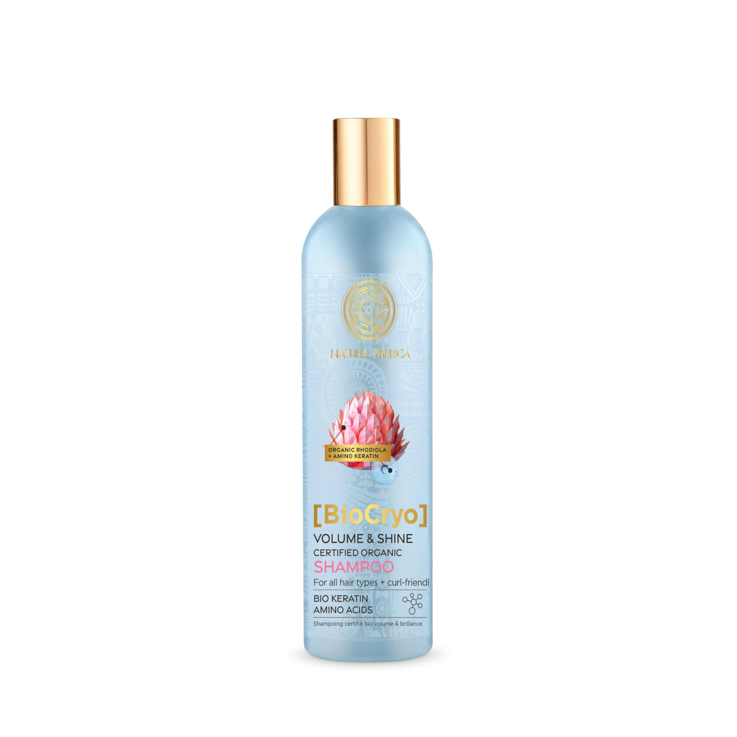 BioCryo Volume & Shine Certified Organic Shampoo. For all hair types + curl friendly. Infused with Bio Keratin & Amino Acids. Features Organic Oat Extract. Vegan Friendly. Cruelty Free. 400ml