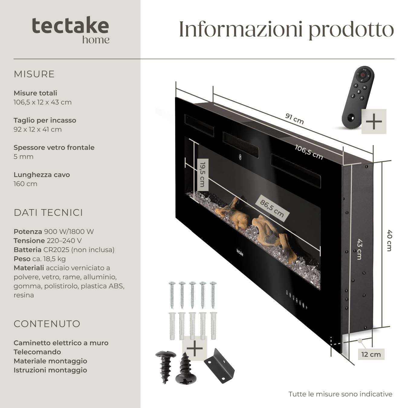 tectake® Caminetto elettrico da parete, Camino Elettrico 106,5x43x12 cm, 2 livelli di riscaldamento 900 W e 1800 W, 6 colori per effetto fuoco finto LED 3D, controllo app e WiFi e telecomando, Stufa