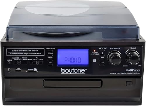 Miniatura 4 de Boytone BT-22B, tocadiscos Bluetooth, radio AMFM, casete, reproductor de CD, 2 altavoces incorporados, capacidad de convertir vinilo, radio, casete,