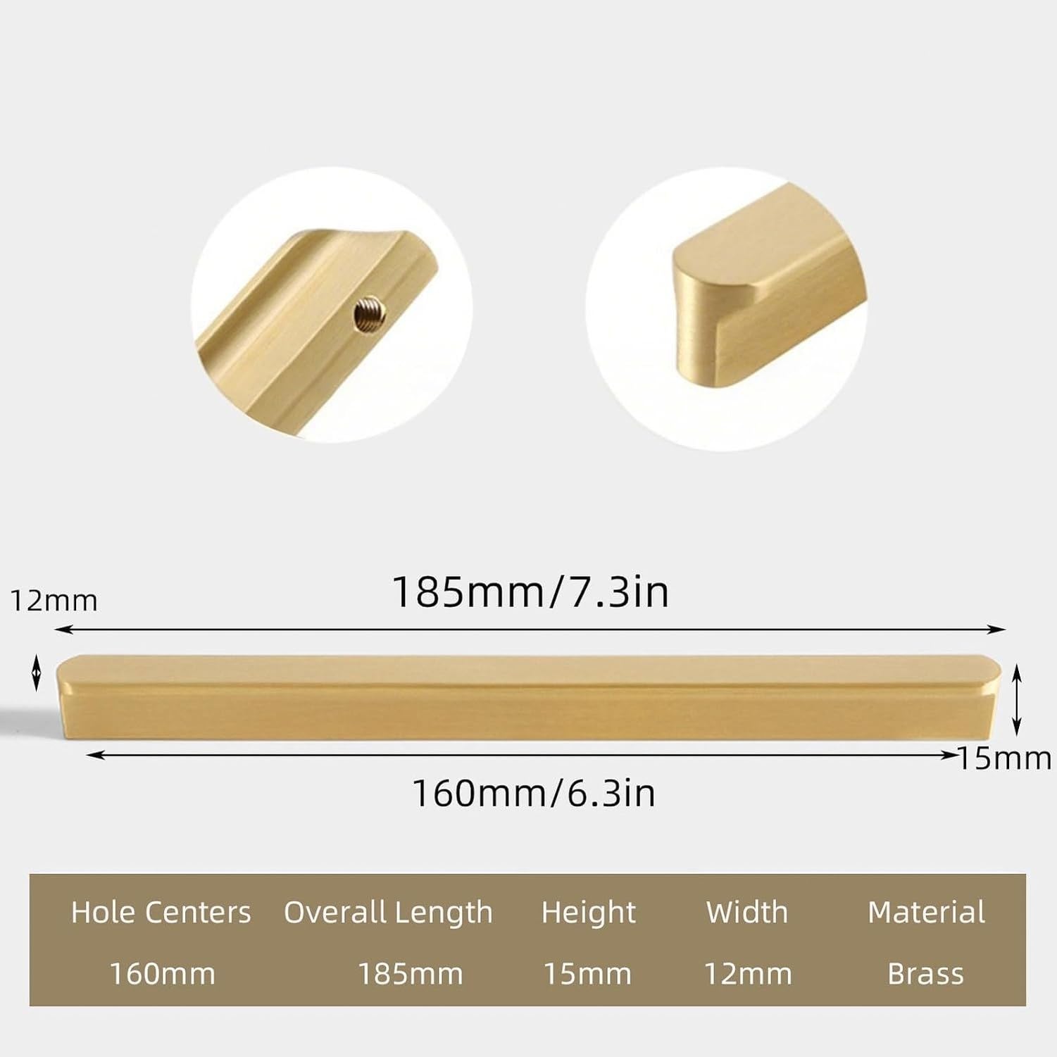 Uchwyty meblowe złote mosiężne 2 szt do szafek i drzwi szafki, Gold, Hole Spacing：160mm/6.3in