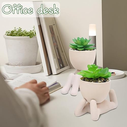 Miniatura 5 de Zerzsy 2 plantas suculentas artificiales con macetas creativas en forma de humano, decoración de escritorio, plantas artificiales de interior para