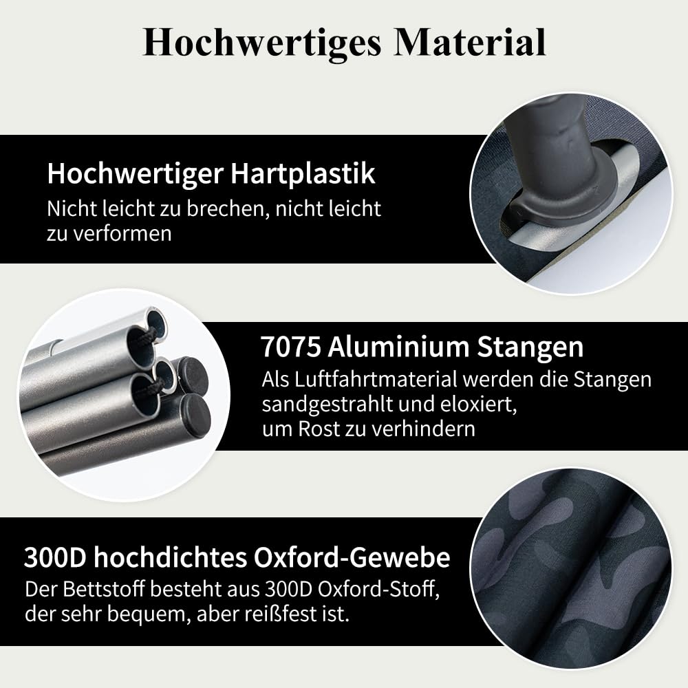 TOMOUNT Feldbett Ultraleichtes 190x70cm Camp Klappbett aus Aluminium Kompaktes Campingliege einfach zu Bauen belastbare Campingbett für Zelten, Outdoor Wanderung, Reisen, Strand - Tarnschwarz