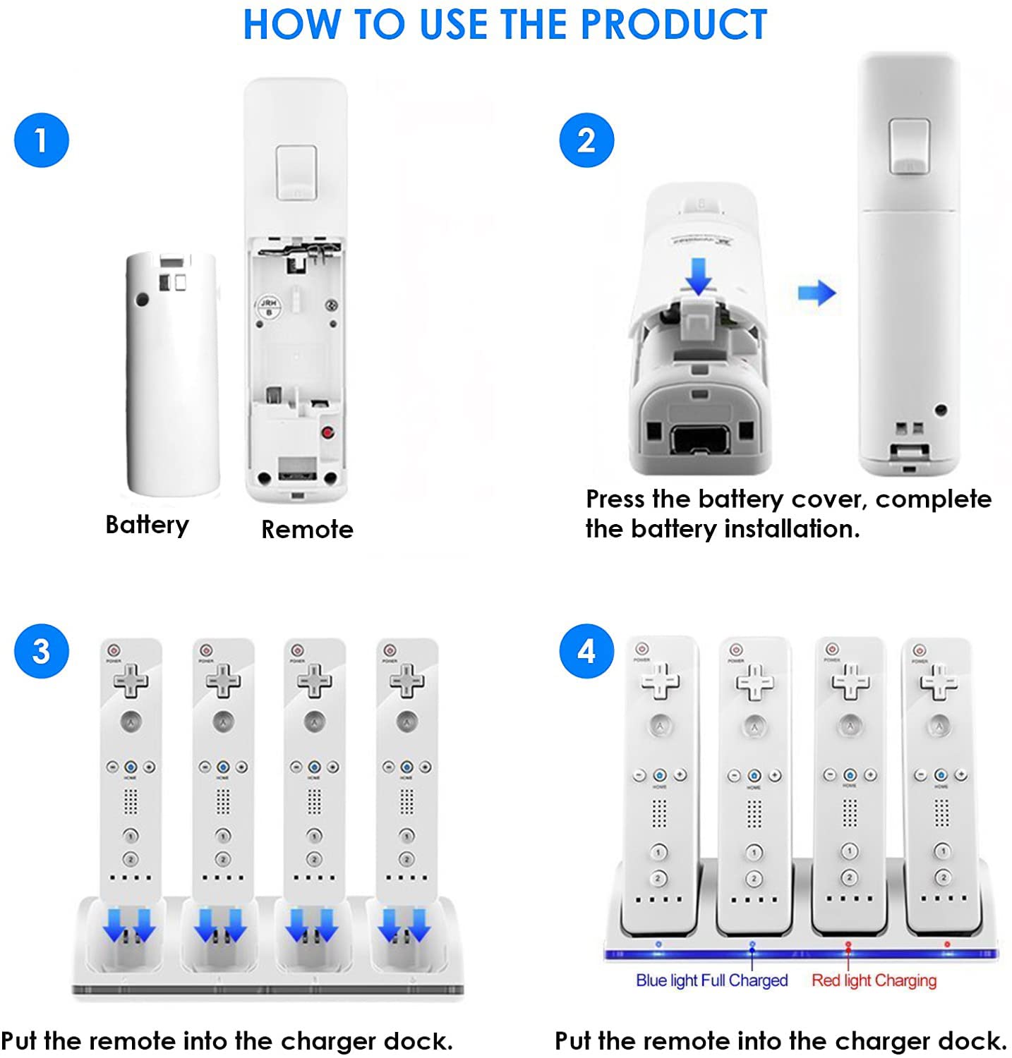 Puseky Stazione di Ricarica per Wii, 4 in 1 Controller Stazione di Ricarica con Indicatori LED 4 Pezzi 2800mAh Batteria Ricaricabile Pacchetto per Telecomando Wii