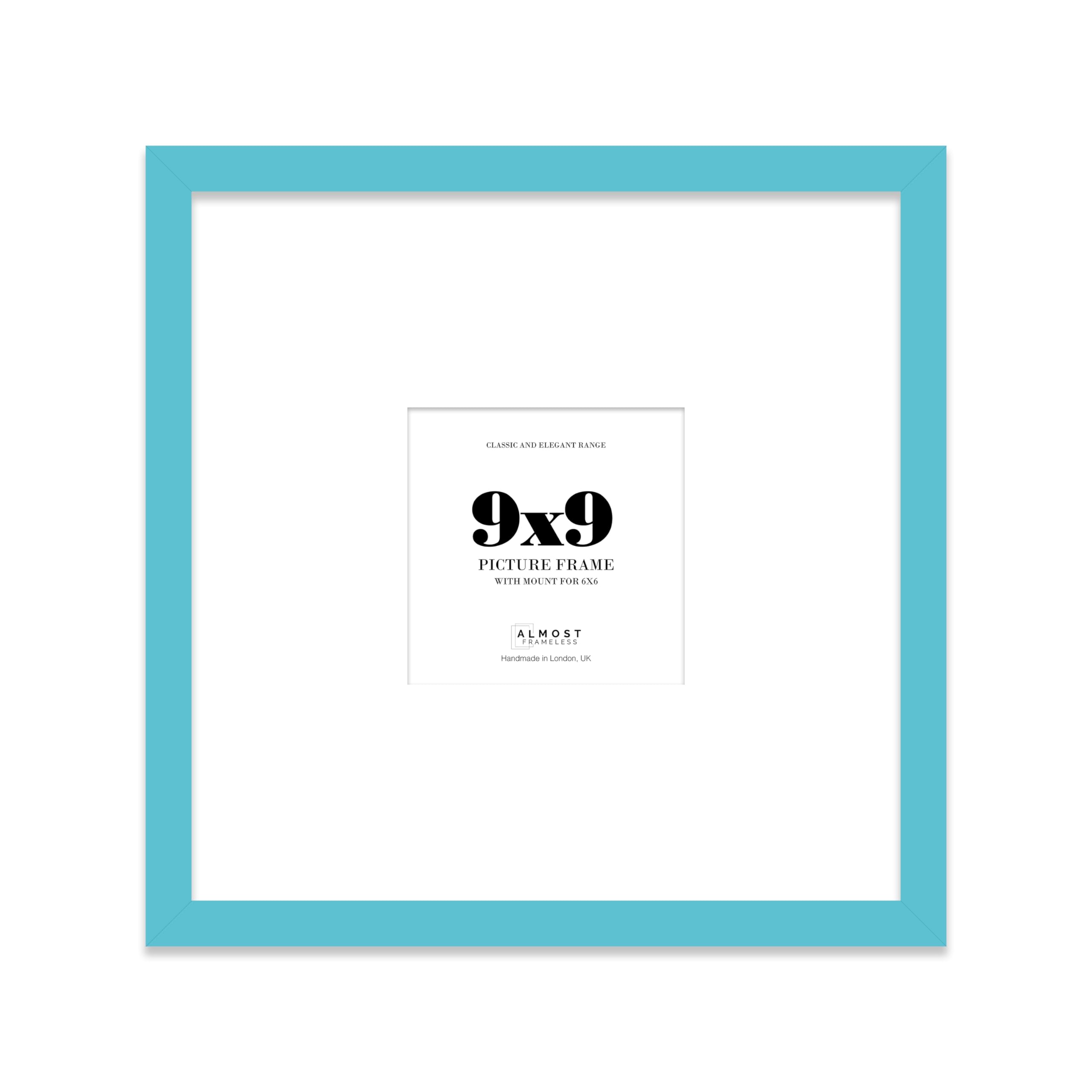 Almost Frameless 9x9 Square Picture Frame, Display Pictures 6x6 With Mat or 9x9 Without Mat, Wall Hanging & Free Standing Photo Frame, Turquoise, 1 Pack