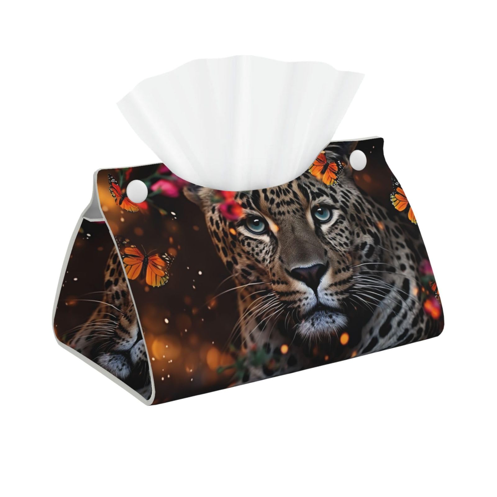 Pu Leather Tissue Box Cover, Leopard and Butterfly Rectangle Tissue Case Covers Decorative Tissue Box Holder Waterproof Tissue Holder Organizer for Bathroom Home Office