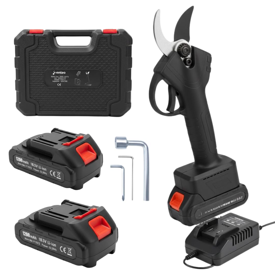Venteo - Sécateur Électrique sans Fil | Deux Batteries 21 V | Secateur de Jardin et Coupe Branche | Batterie Rechargeable | Outil Jardinage Outillage Professionnel