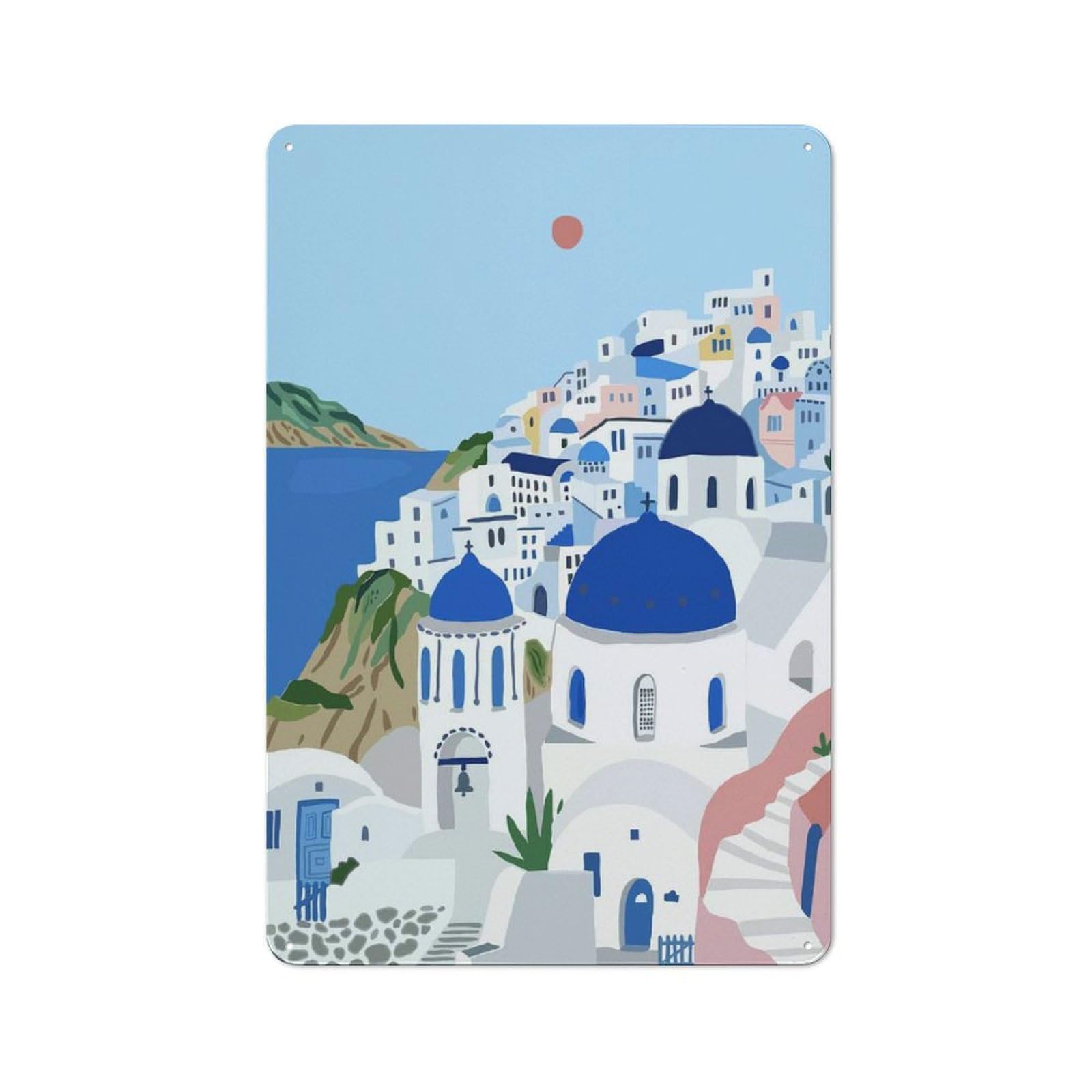 Junmoney Style-3 Santorini Greece Illustration Rustic Metal Sign 30X20cm For Garden Room Or Summerhouse, For Themed Interiors In Garden Rooms And Summerhouses