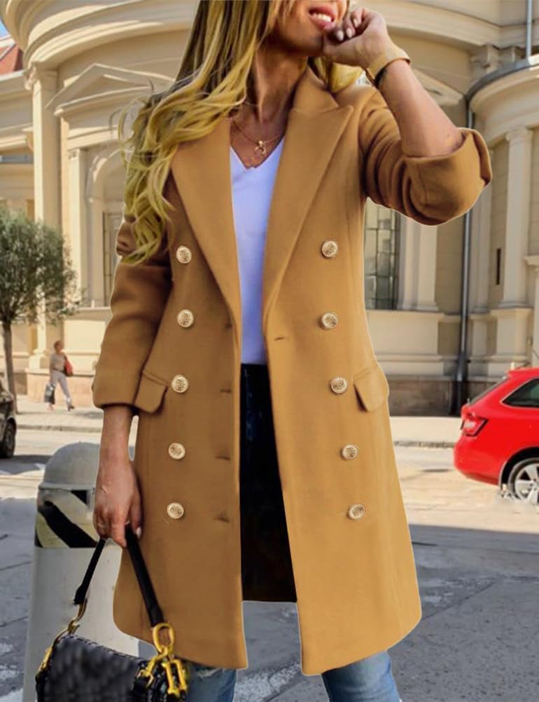 Abrigos de Lana de otoño Invierno para Mujer Gabardina Midi de Doble Botonadura de Peacoat