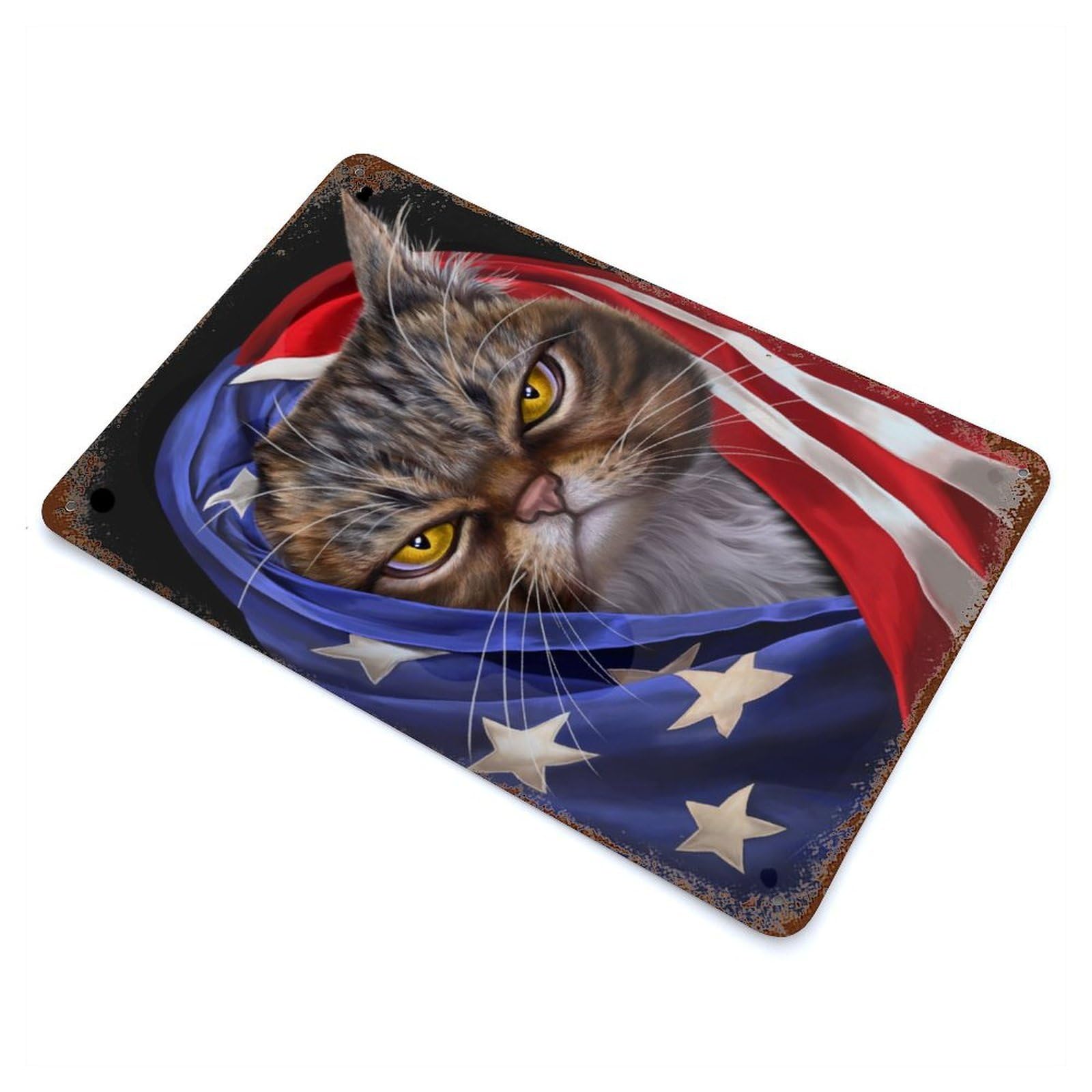 Garage Style Tabby Cat USA Patriot Weathered Tin Sign 11.8"x7.9", Classic Wall Plaque for Bar And Workshop