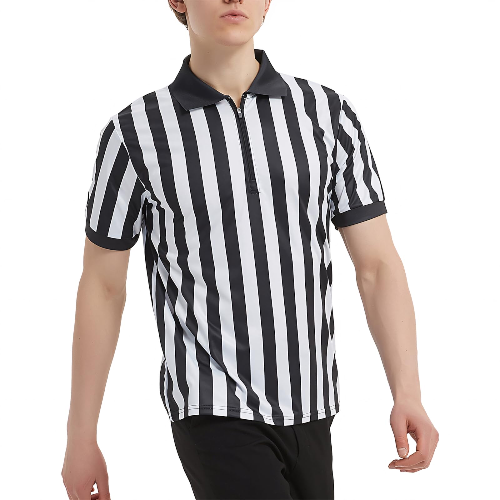 TopTie Camisetas árbitro Disfraz árbitro Personaliza Camiseta Polo T-Shirts Manga Corta con Cremallera 1/4 Camiseta Rayas Negras y Blancas