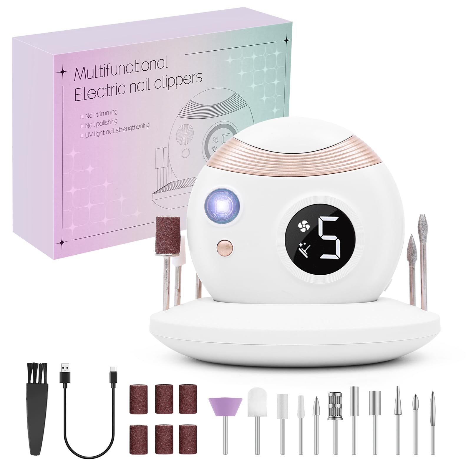 Upgrade 3 in 1 Cordless Nail Drill Electric File, Portable Electric Nail Clipper, Nail Care Set with UV Light for Acrylic Gel, Manicure Pedicure Polishing Shape Tool with Nail Drill Bits (White)