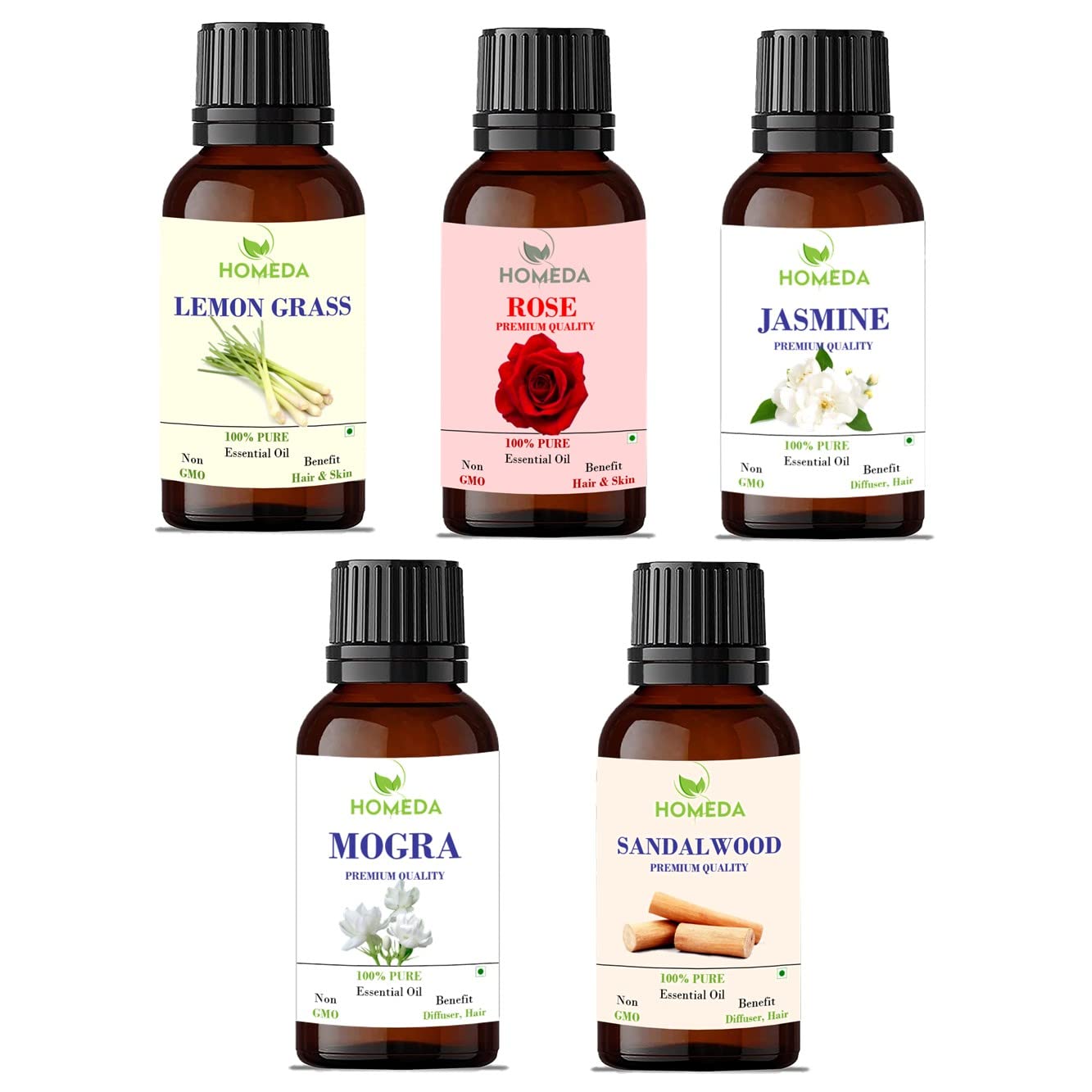 Homeda Aroma Diffuser Oil for Home Fragrance (Lemon Grass, Rose, Jasmine, Sandalwood, Mogra Essential Oil), Aroma Oil, Defuser Humidifier Oil, 30ml Each - Set of 5 (B0BT8KF6QD) Amazon Price History, Amazon Price Tracker