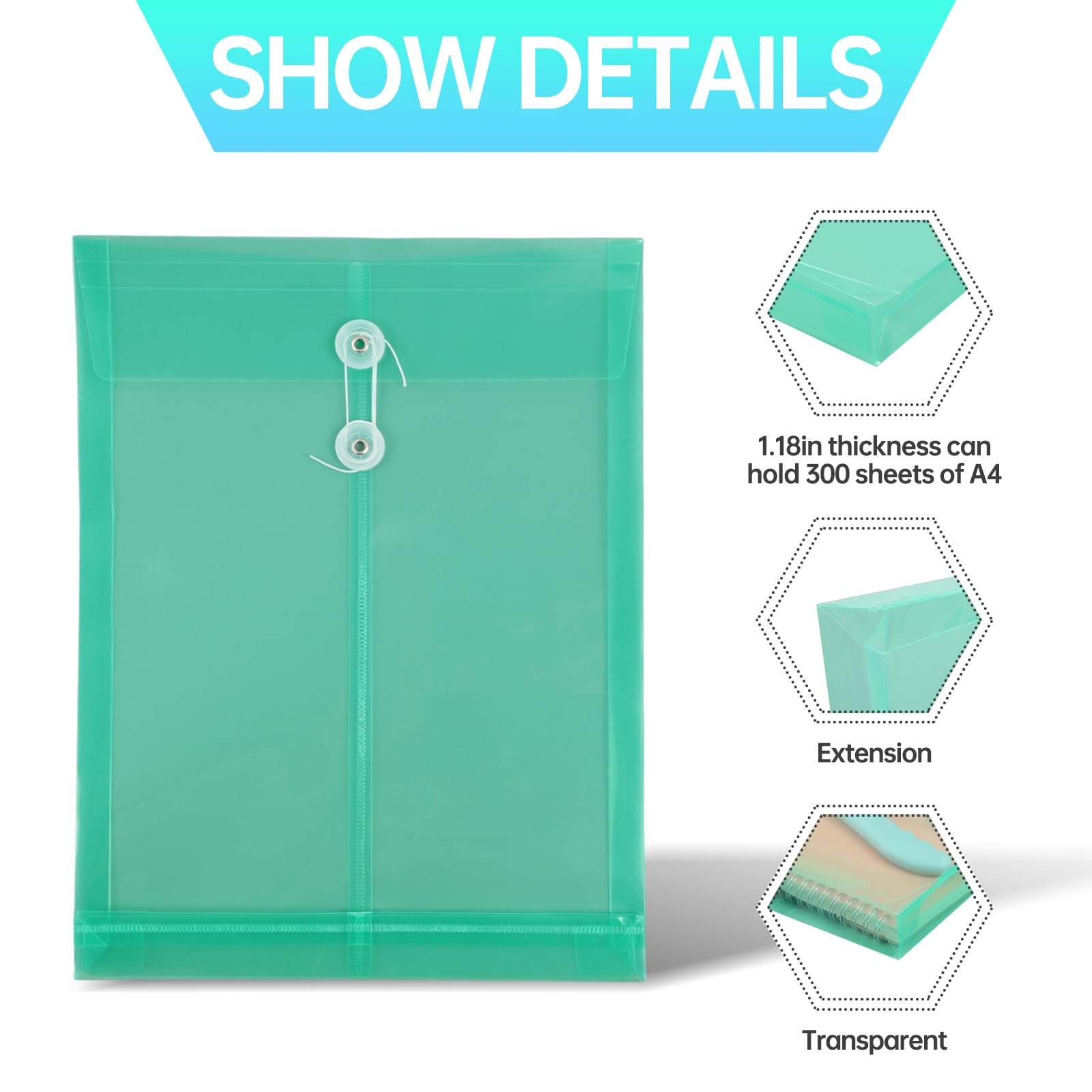 12-Pack A4 Plastic Envelopes With String Tie - Super Thick, Expandable ...
