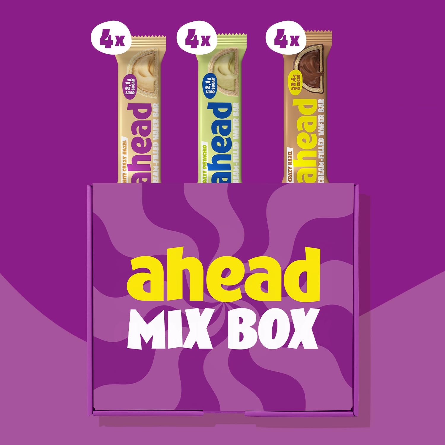 Ahead Cream-Filled Wafer Bar Mixbox 12 x 30g | Knusprige Waffel mit Cremefüllung, Schokolade ohne Zuckerzusatz | 2,4 g Zucker pro Riegel mit 3 Sorten: Crazy Hazel | White Crazy Hazel | Crazy Pistachio