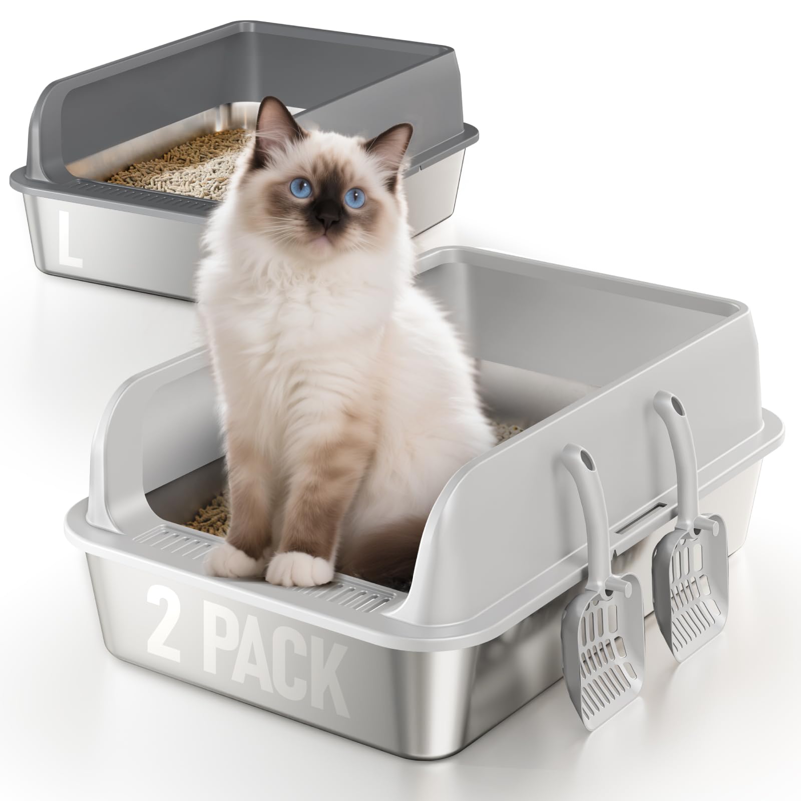 2 Pack Stainless Steel Cat Litter Box with Lid, Large Metal Litter Pan for Adult Cats, Multi-Cats, High Sides with Anti-Leakage Enclosure, Easy Cleaning, Non-Stick, Anti-Scratch,Include Scoop
