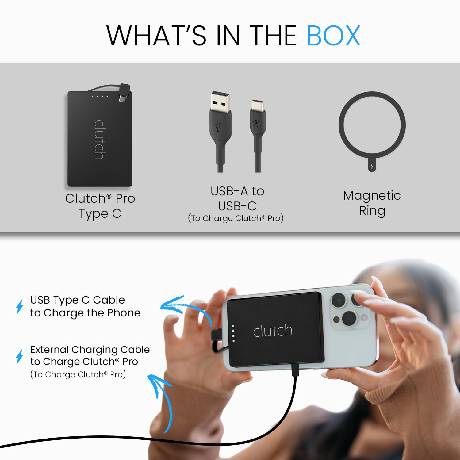 Clutch Pro – Caricabatterie portatile più sottile al mondo – Power Bank USB-C 5000 mAh – Cavo magnetico integrato – Caricabatterie da viaggio approvato TSA – iPhone 15/16/17 e Android – Nero