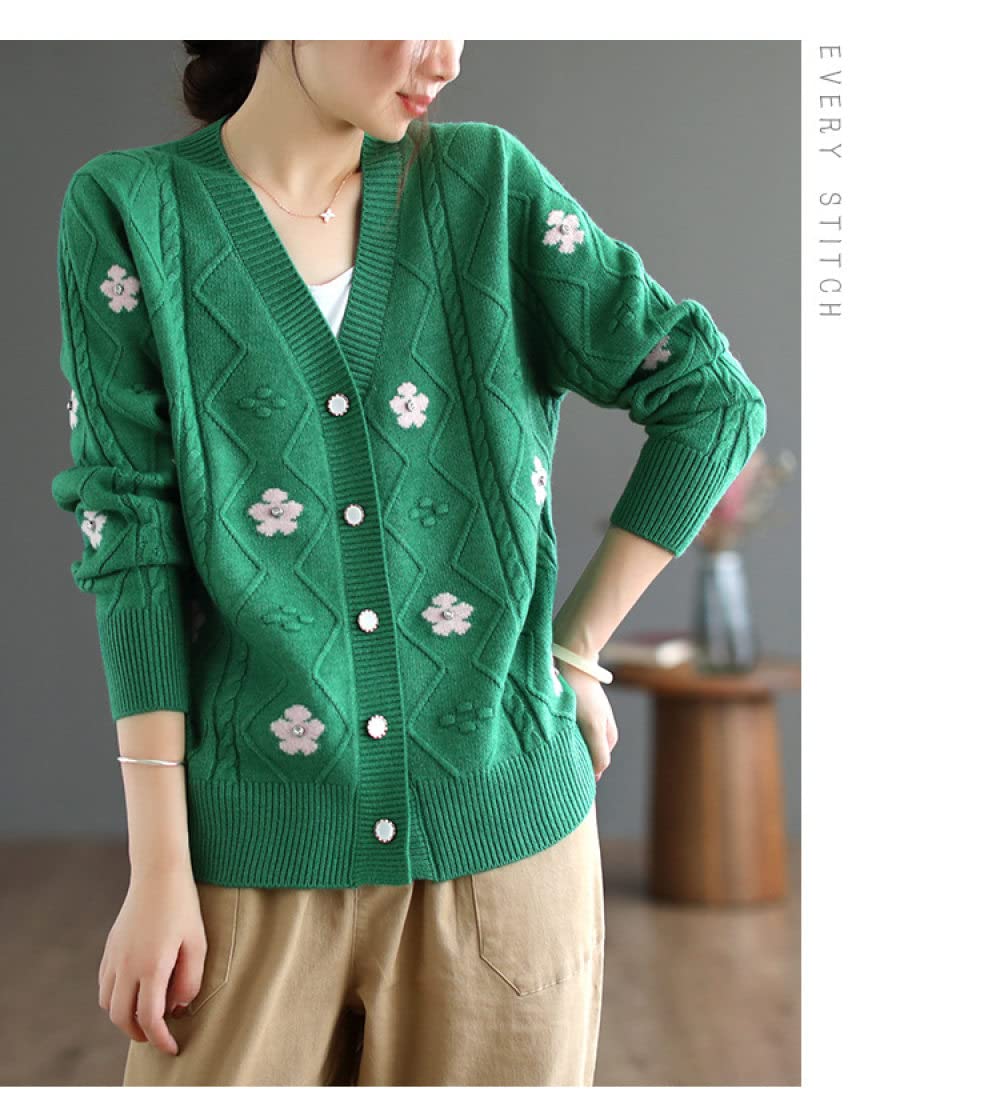 EIBA Chaqueta De Punto Mujer,Cárdigans De Punto para Mujer Flor Vintage Cable Jacquard Botón con Cuello En V Manga Larga Suéteres Delanteros Abiertos Cárdigan Otoño Elegante Chaqueta De Abrigo De PU