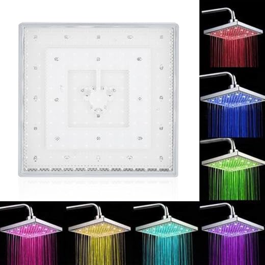 Quadratischer fester Duschkopf, 20,3 cm, LED-Regenduschkopf, Kohlenstoffstahl, Wasserfall-Duschkopf, verstellbar, Badezimmer-Regenkopf, Wasserfall-Duschkopf mit 7 wechselnden Farben, Wohnaccessoires