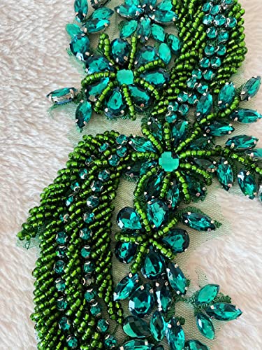 Wtbv.n Handsewing Rhinestones Beads Lace Applique For Dress Clothing Accessories Trim Patches One Pair (Deepgreen) #TOP3