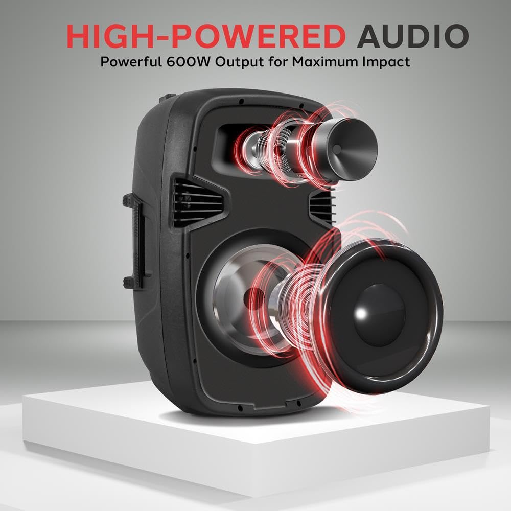 Pyle Caja de música Bluetooth Grande, 600 W, Altavoz para Fiestas, Sistema PA con Mando a Distancia, Caja de Sonido móvil, Altavoz DJ con USB, MP3, SD, Entrada RCA, Altavoz portátil