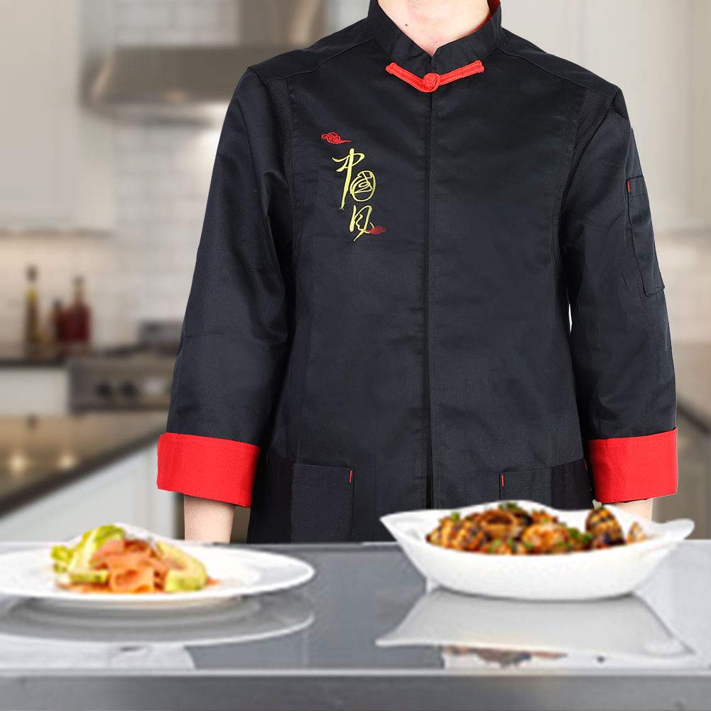 Chef Coat Gown Chinese Style Chef's Uniform Chef Clothes Restaurant Work Lightweight Chef Uniform, Women(Black, Height 175-185)