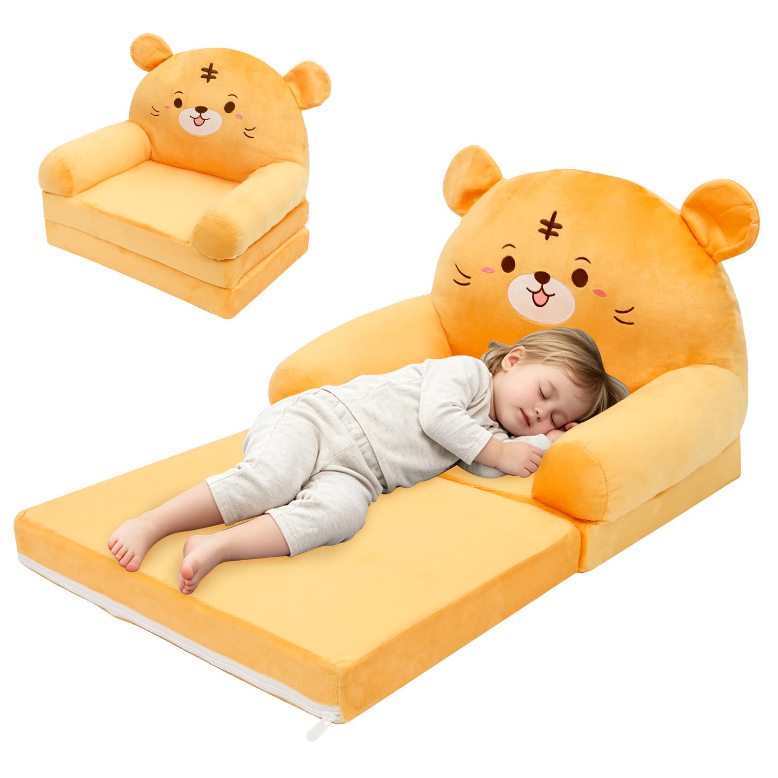 2 in 1 Foldable Kids Sofa Couch, Convertible Toddler Floor Lounger Bed, Plush Cartoon Animal Children Flip Out Chair for 1-4 Years Old, Machine Washable Cover for Playroom Bedroom(Little Tiger)