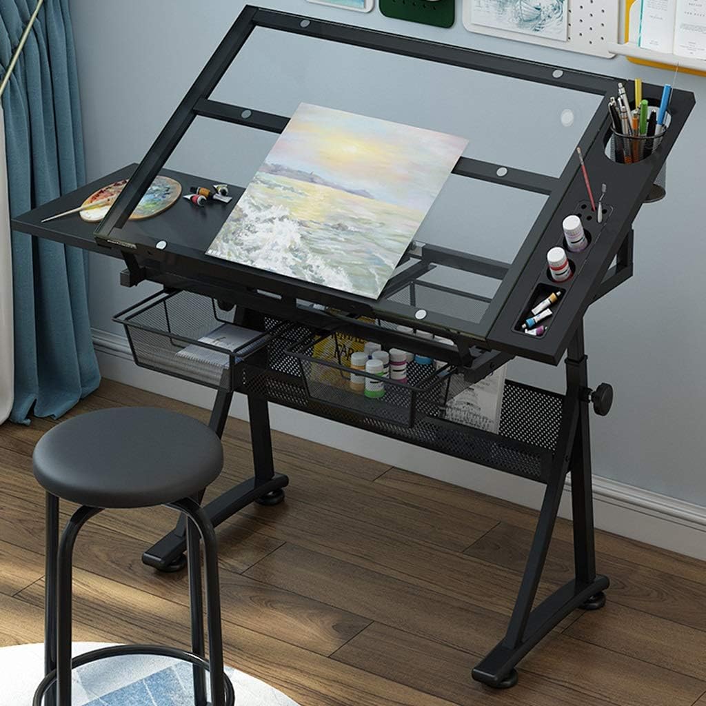 Adjustable Drafting Table with Storage for Home Office and Art Projects, Large Tiltable Craft Desk