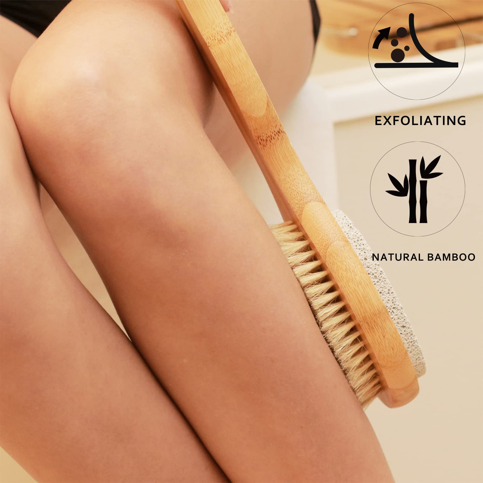 ICANdOIT - Cepillo de baño y ducha 2 en 1 de mango largo, cerdas de jabalí con piedra pómez que exfolia y suaviza la piel, cepillo corporal para celulitis y drenaje linfático