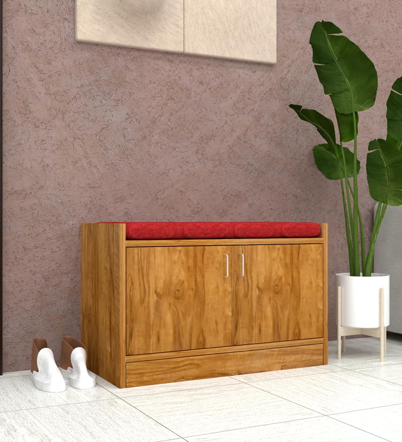 Image of SPECIALITY PANELS Wooden Shoe Rack with Cushioned Seating, 2 Door Storage Cabinet, Natural Wood Finish, 75x49 cm, DIY Assembly