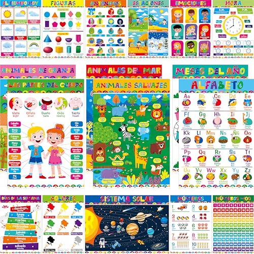 Image of 17 Spanish & English Posters, Thick Elementary Bilingual Poster Set, Waterproof & Tearproof with PET Film, Early Learning Tool, Dual Language Educational Posters for School Supplies, Classroom Decor