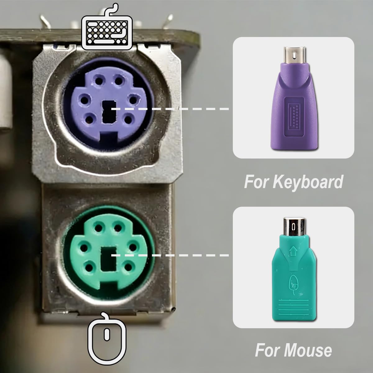 Adaptateurs PS2 vers USB Remplacement pour Souris et Clavier, Lot de 2 Convertisseurs PS2 Femelle vers USB A Mâle (Vert, Violet, Noir)